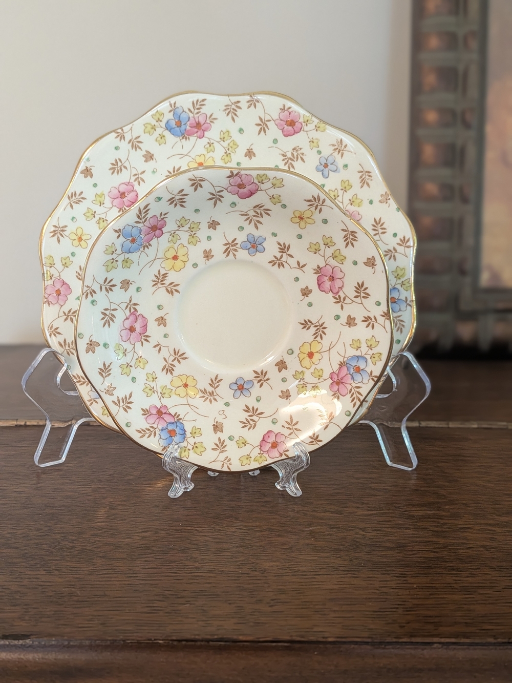 Foley Bone China Tea Plate Saucer Set EB English Floral Scalloped Gold